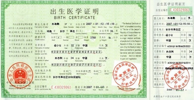 中国出生证明公证书，出生医学证明